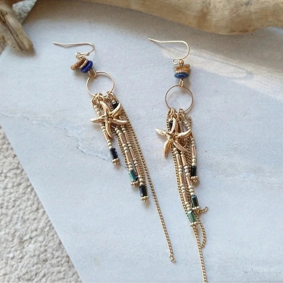 Gold Starfish Earrings Hematite Lapis Jasper - Picture 9 of 12